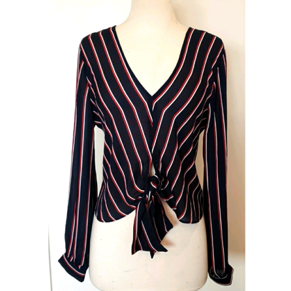 Striped Long Sleeve Sheer Blouse Tie Front
